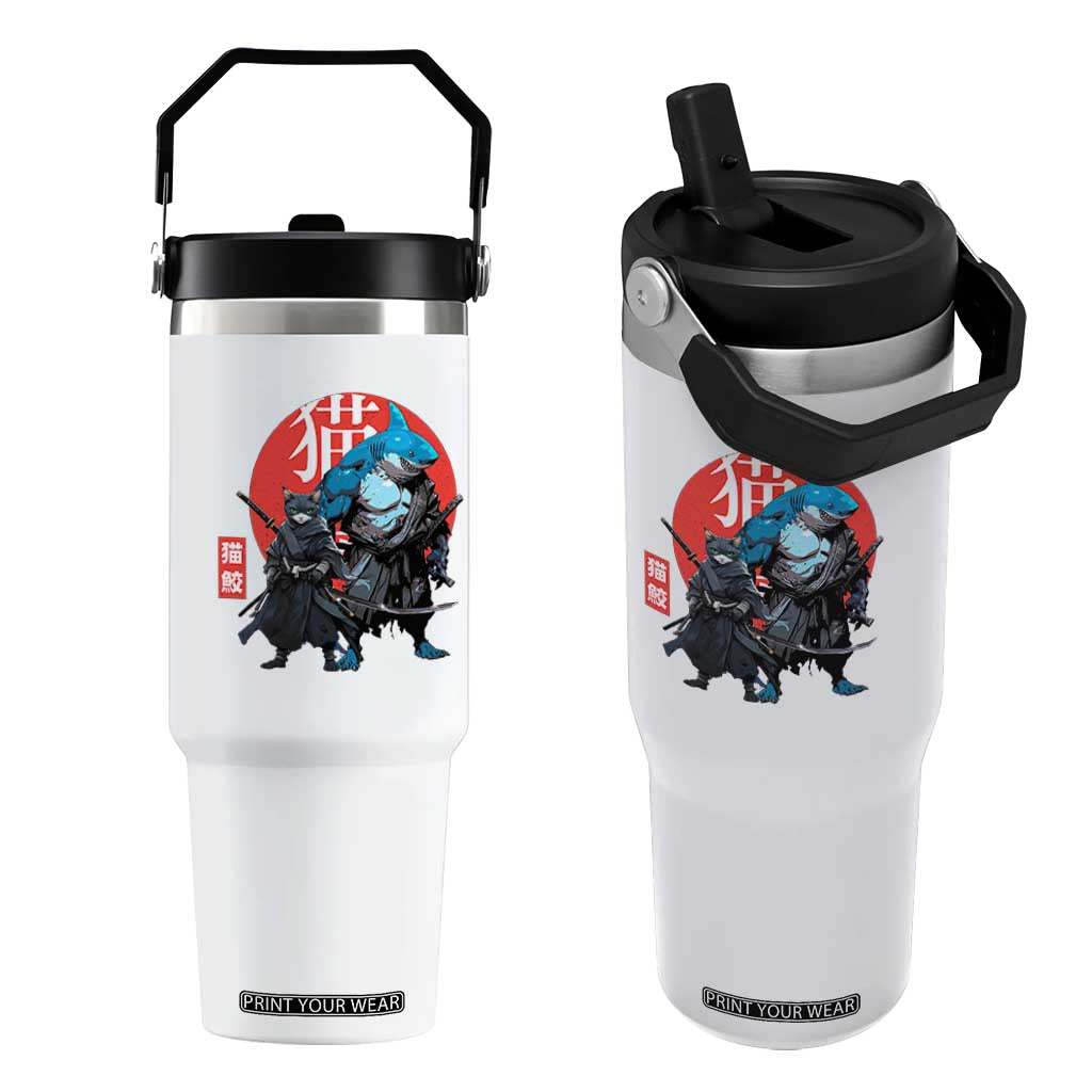Samurai Cat Shark Flip Straw Tumbler Retro Japanese Animal Warrior Art TS14 One Size: 30 oz White Print Your Wear