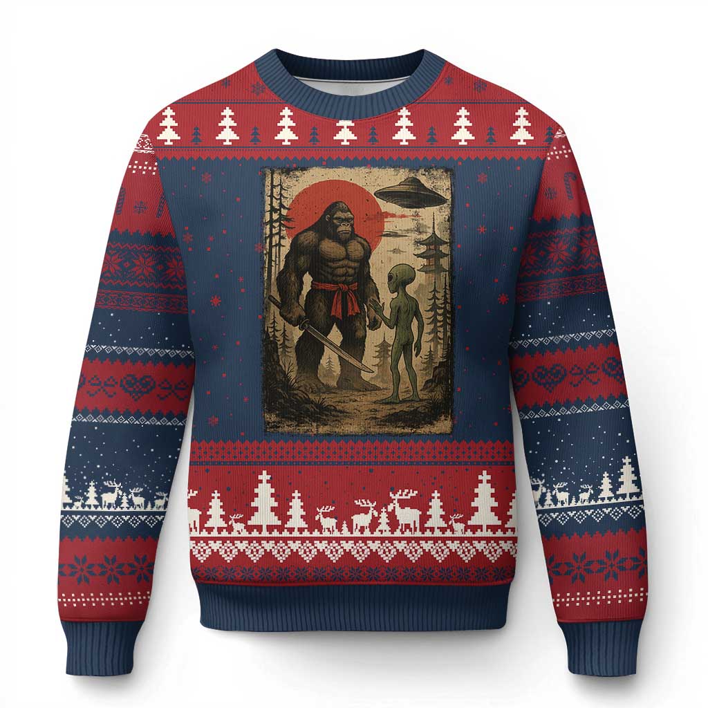 Samurai Bigfoot Japanese UFO Ugly Christmas Sweater Sasquatch Ailen Ukiyo-e TS14 Navy Red Print Your Wear
