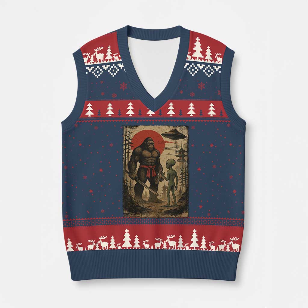 Samurai Bigfoot Japanese UFO V-Neck Knit Sweater Vest Sasquatch Ailen Ukiyo-e TS14 Navy Red Print Your Wear