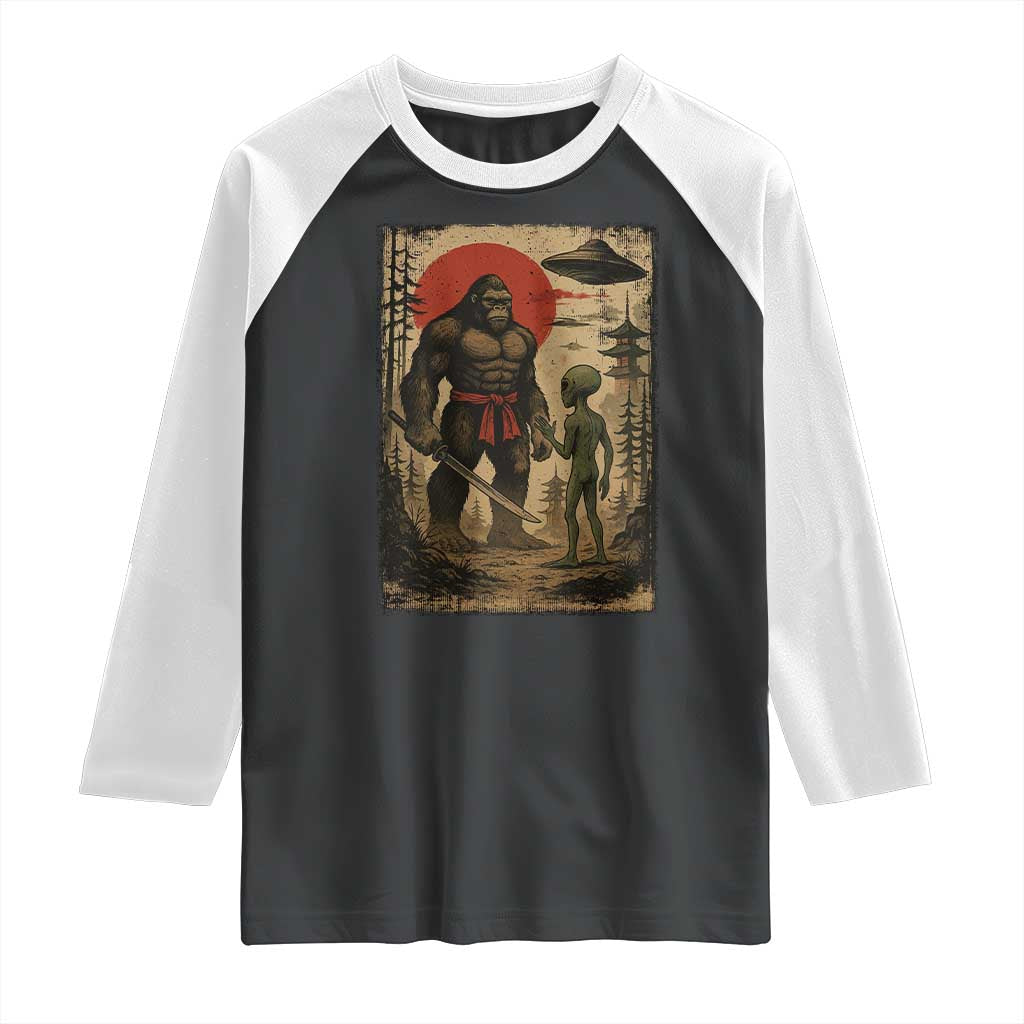 Samurai Bigfoot Japanese UFO Raglan Shirt Sasquatch Ailen Ukiyo-e TS14 Black White Print Your Wear