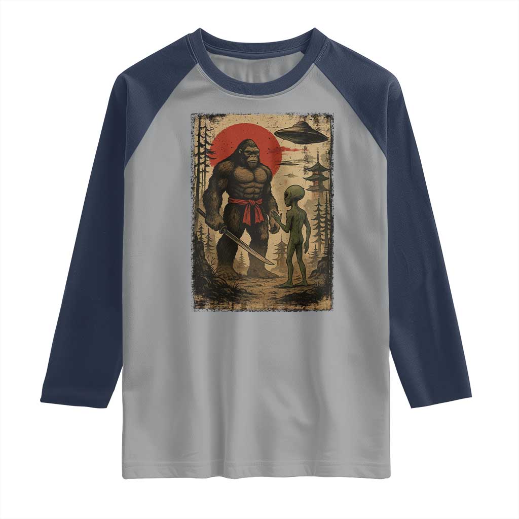 Samurai Bigfoot Japanese UFO Raglan Shirt Sasquatch Ailen Ukiyo-e TS14 Sport Gray Navy Print Your Wear