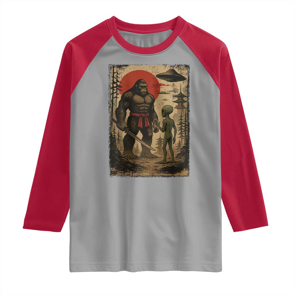 Samurai Bigfoot Japanese UFO Raglan Shirt Sasquatch Ailen Ukiyo-e TS14 Sport Gray Red Print Your Wear