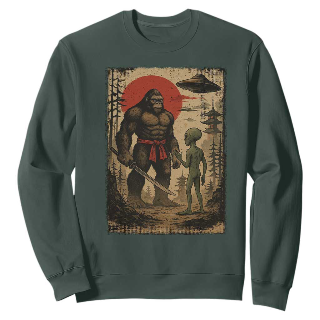Samurai Bigfoot Japanese UFO Sweatshirt Sasquatch Ailen Ukiyo-e TS14 Dark Forest Green Print Your Wear