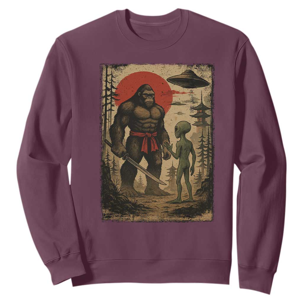 Samurai Bigfoot Japanese UFO Sweatshirt Sasquatch Ailen Ukiyo-e TS14 Maroon Print Your Wear