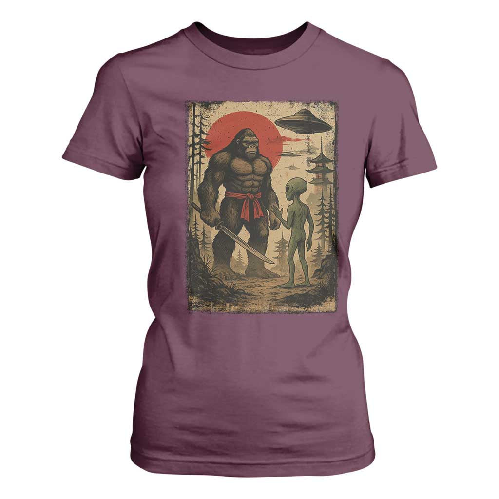 Samurai Bigfoot Japanese UFO T Shirt For Women Sasquatch Ailen Ukiyo-e TS14 Maroon Print Your Wear