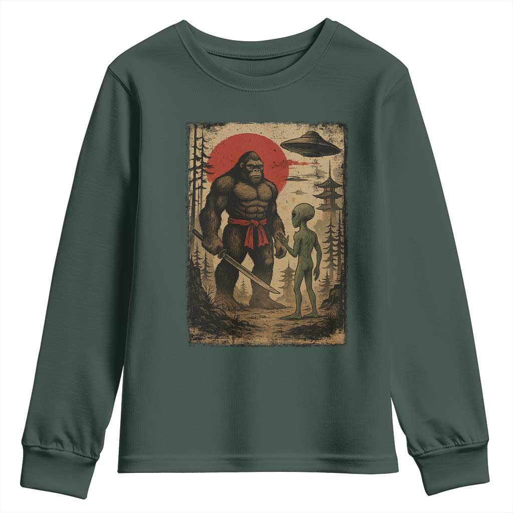 Samurai Bigfoot Japanese UFO Youth Sweatshirt Sasquatch Ailen Ukiyo-e TS14 Dark Forest Green Print Your Wear