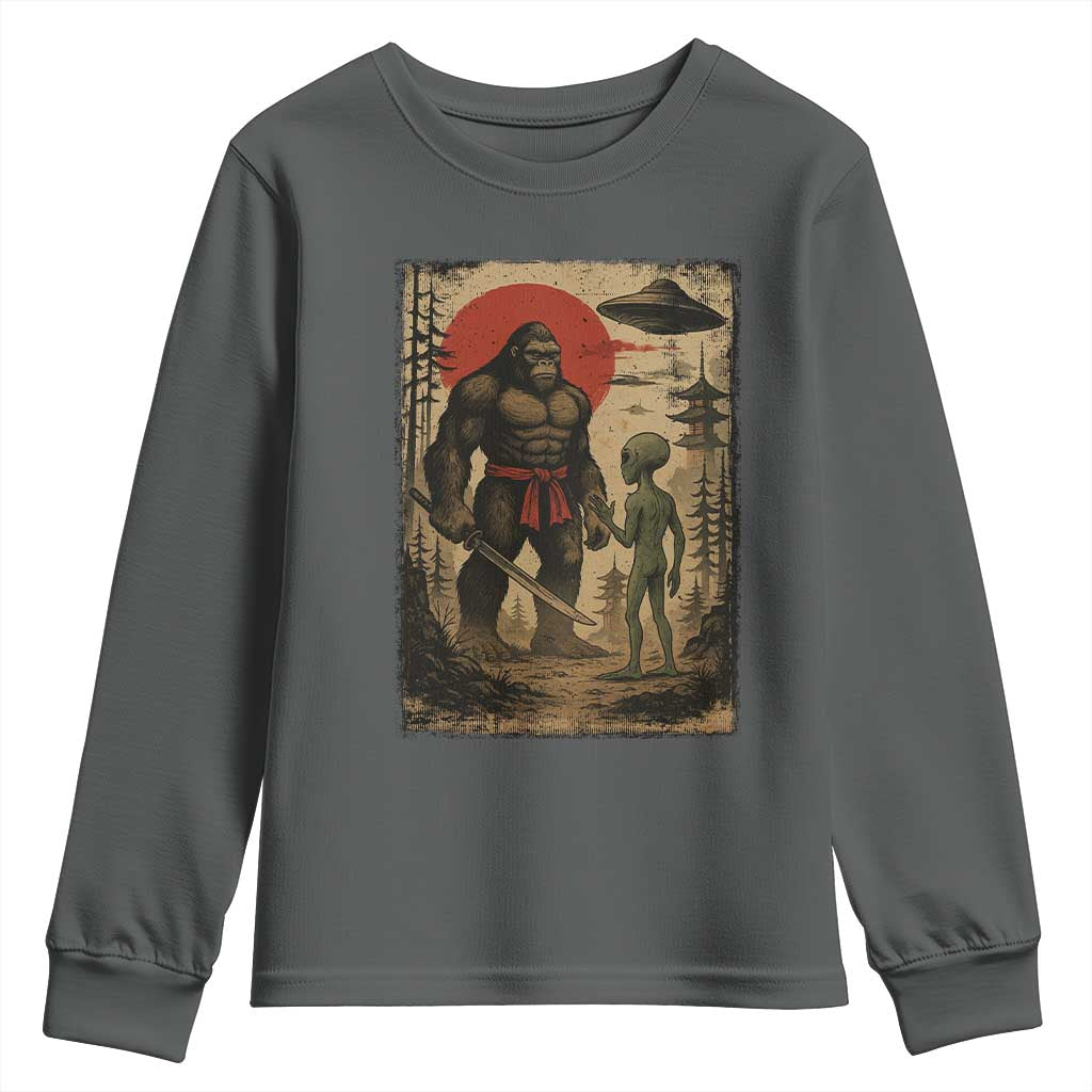 Samurai Bigfoot Japanese UFO Youth Sweatshirt Sasquatch Ailen Ukiyo-e TS14 Dark Heather Print Your Wear