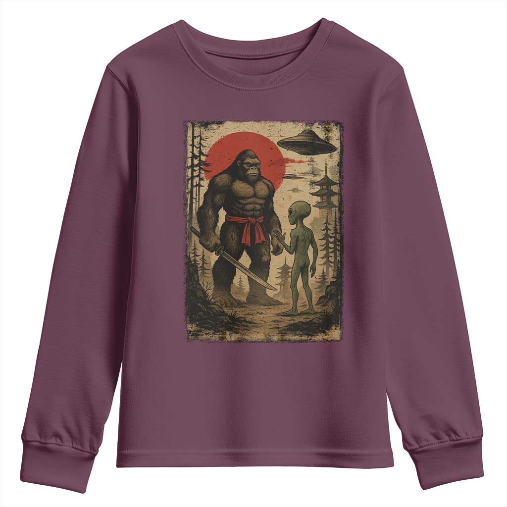 Samurai Bigfoot Japanese UFO Youth Sweatshirt Sasquatch Ailen Ukiyo-e TS14 Maroon Print Your Wear