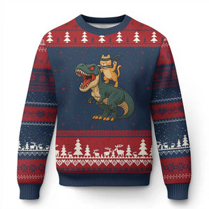 Ninja Cat Riding Dinosaur Ugly Christmas Sweater TS14 Navy Red Print Your Wear