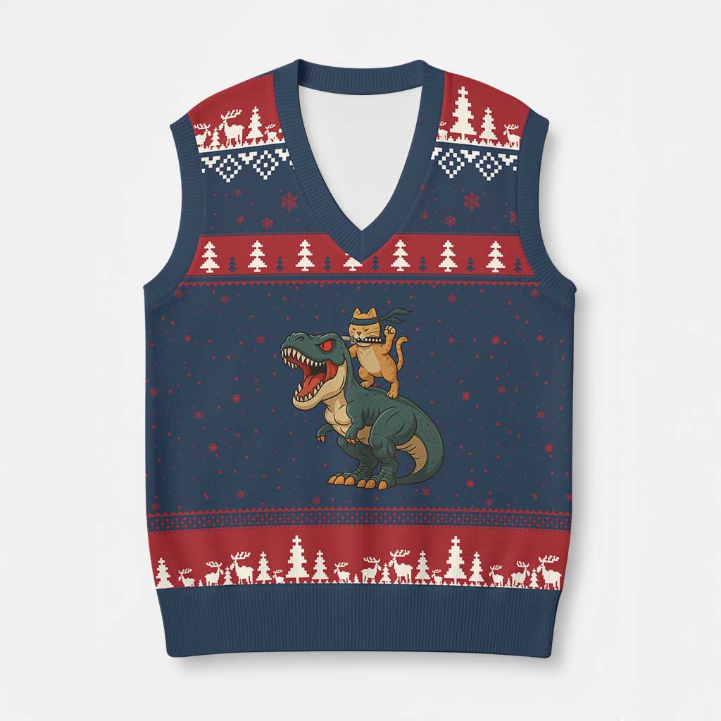 Ninja Cat Riding Dinosaur V-Neck Knit Sweater Vest TS14 Navy Red Print Your Wear