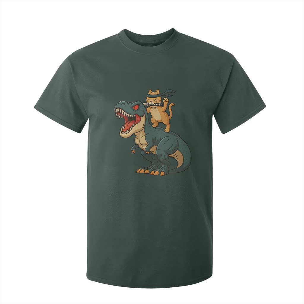 Ninja Cat Riding Dinosaur T Shirt For Kid TS14 Dark Forest Green Print Your Wear