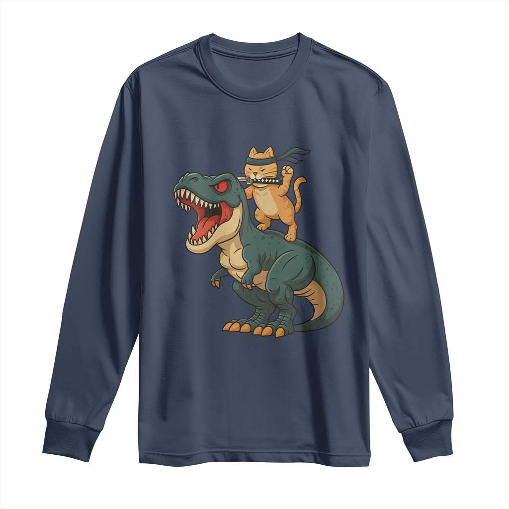 Ninja Cat Riding Dinosaur Long Sleeve Shirt TS14 Navy Print Your Wear