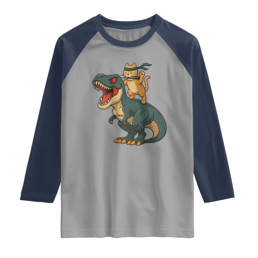 Ninja Cat Riding Dinosaur Raglan Shirt TS14 Sport Gray Navy Print Your Wear