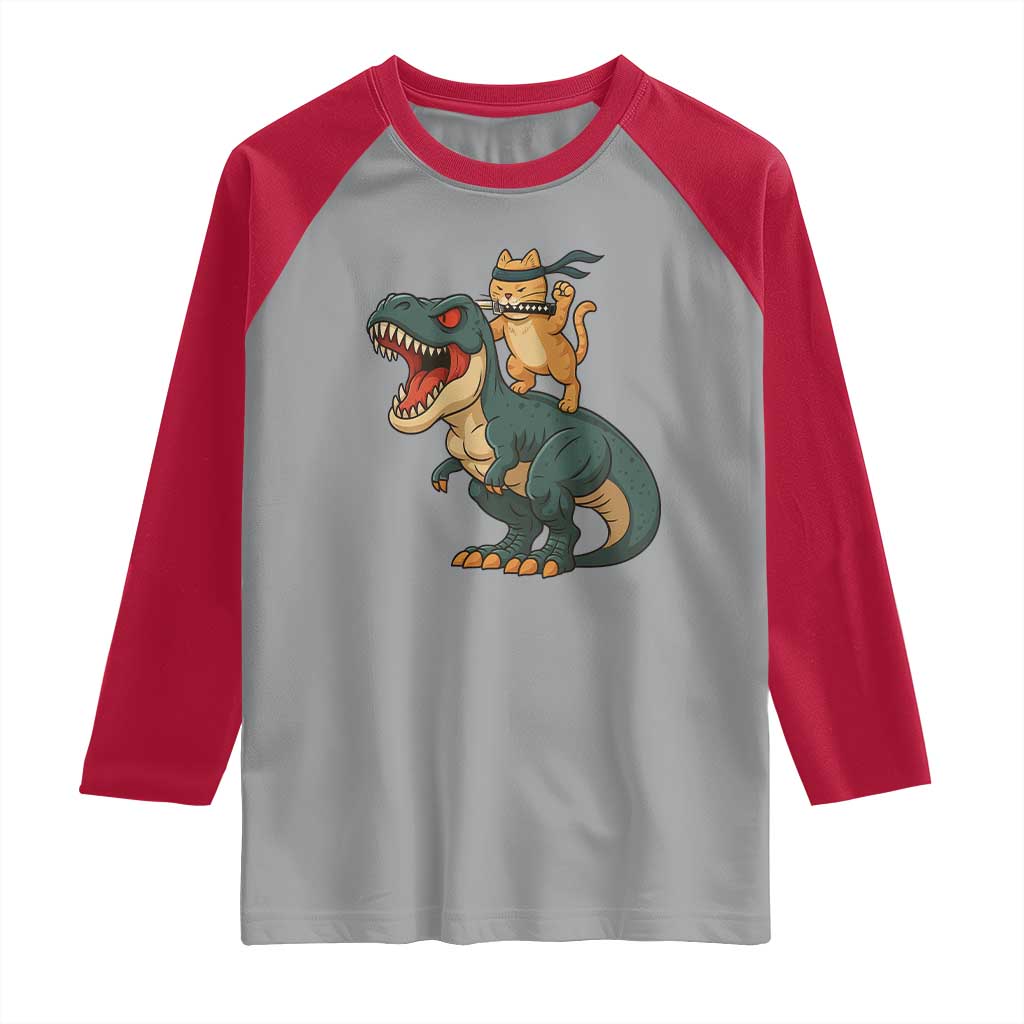 Ninja Cat Riding Dinosaur Raglan Shirt TS14 Sport Gray Red Print Your Wear