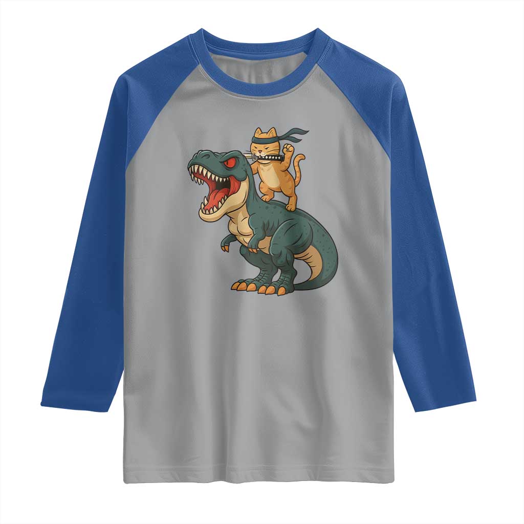 Ninja Cat Riding Dinosaur Raglan Shirt TS14 Sport Gray Royal Print Your Wear