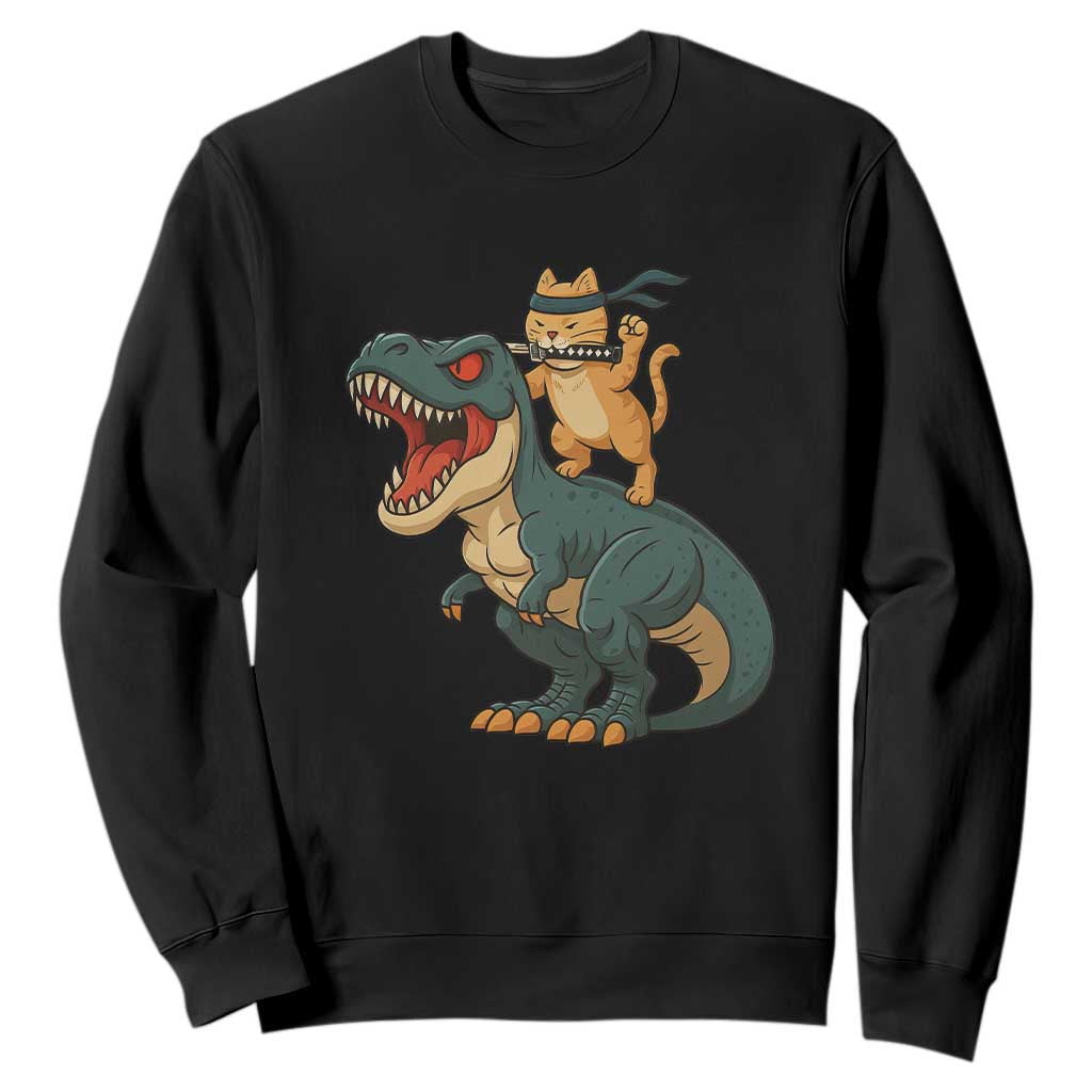 Ninja Cat Riding Dinosaur Sweatshirt TS14 Black Print Your Wear