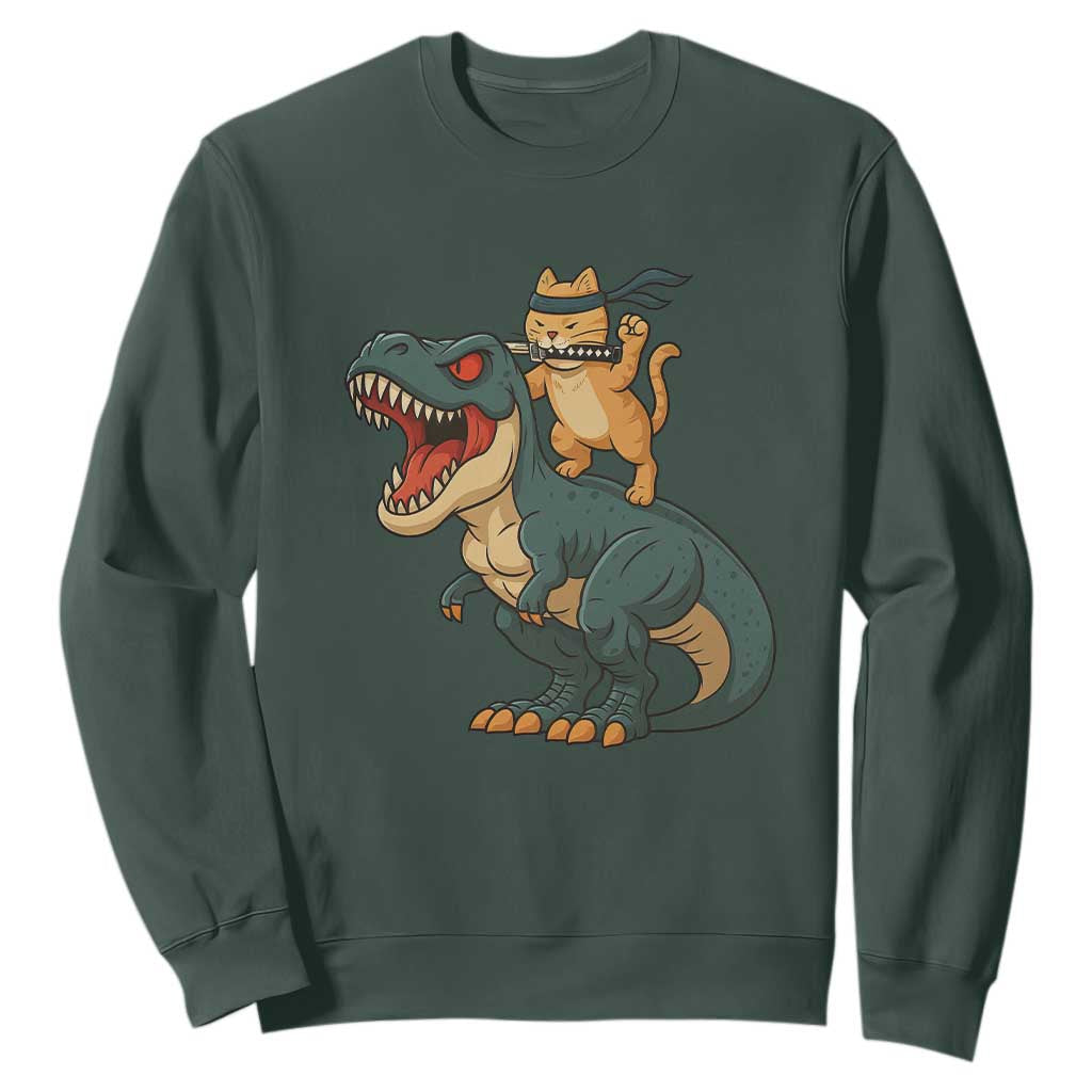 Ninja Cat Riding Dinosaur Sweatshirt TS14 Dark Forest Green Print Your Wear
