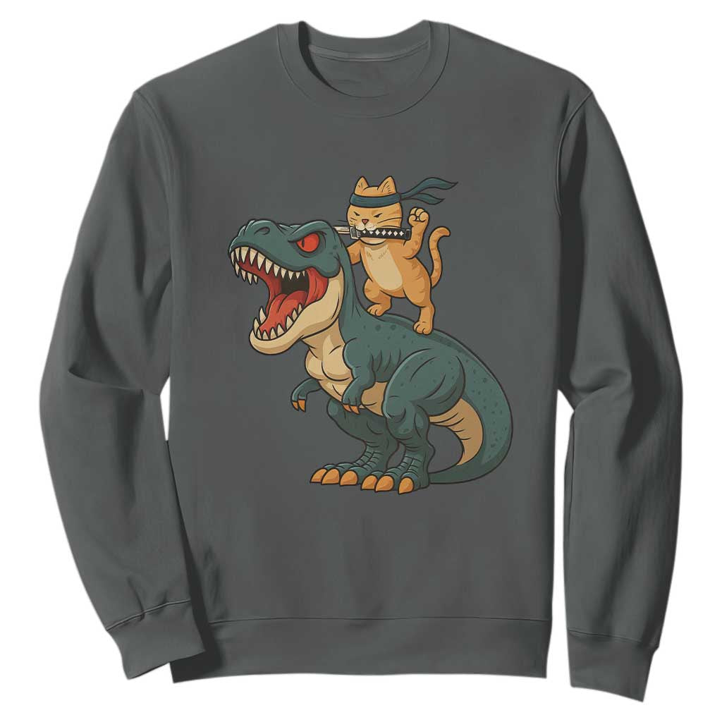 Ninja Cat Riding Dinosaur Sweatshirt TS14 Dark Heather Print Your Wear