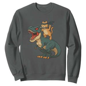 Ninja Cat Riding Dinosaur Sweatshirt TS14 Dark Heather Print Your Wear