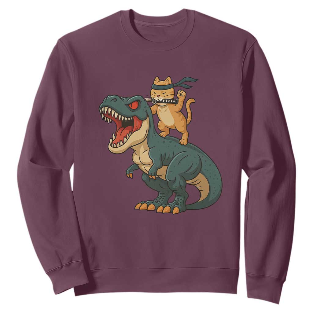 Ninja Cat Riding Dinosaur Sweatshirt TS14 Maroon Print Your Wear