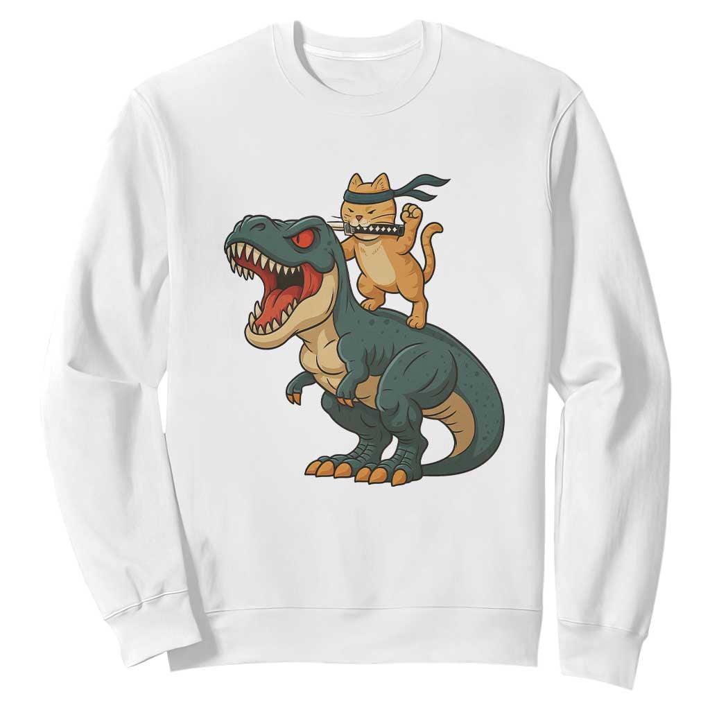 Ninja Cat Riding Dinosaur Sweatshirt TS14 White Print Your Wear