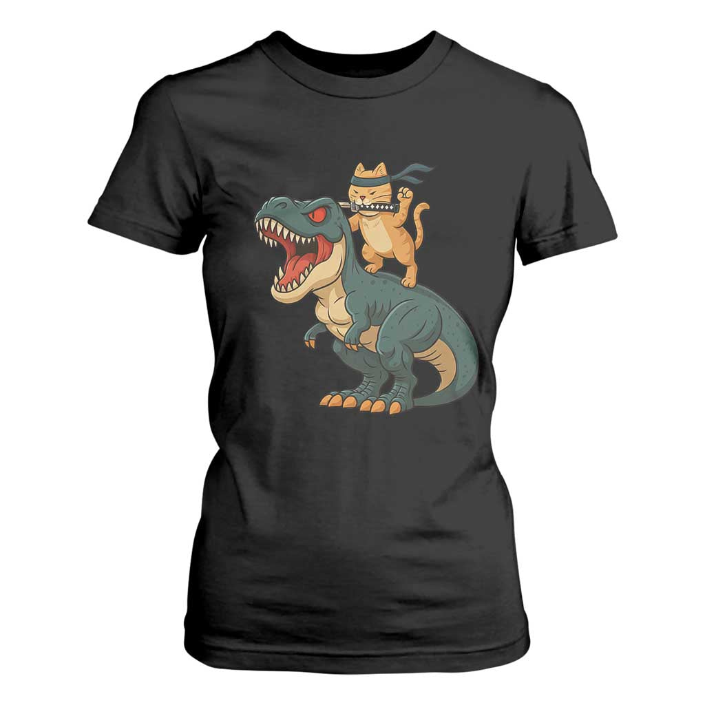 Ninja Cat Riding Dinosaur T Shirt For Women TS14 Black Print Your Wear