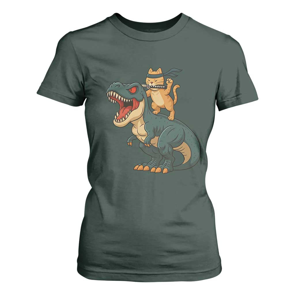 Ninja Cat Riding Dinosaur T Shirt For Women TS14 Dark Forest Green Print Your Wear