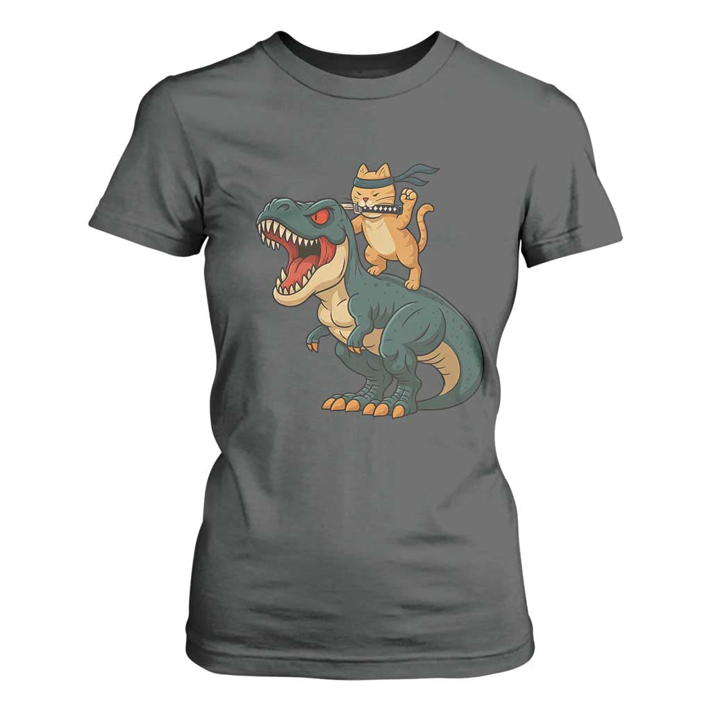 Ninja Cat Riding Dinosaur T Shirt For Women TS14 Dark Heather Print Your Wear