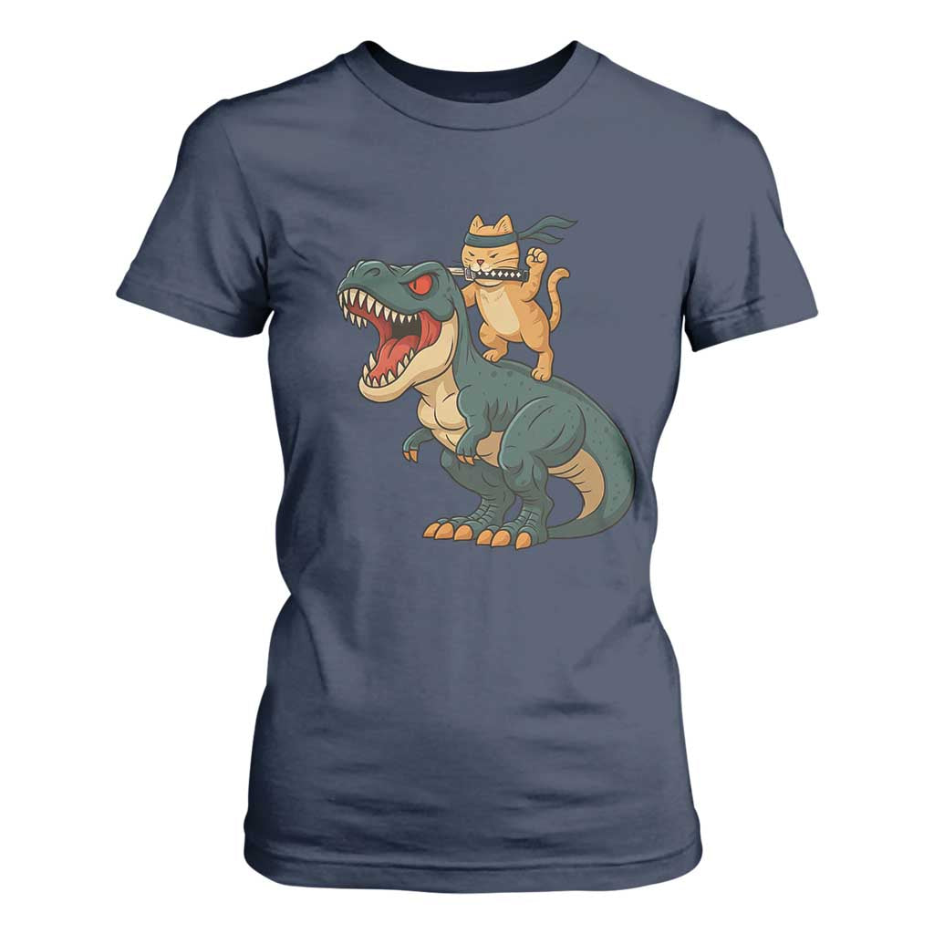 Ninja Cat Riding Dinosaur T Shirt For Women TS14 Navy Print Your Wear