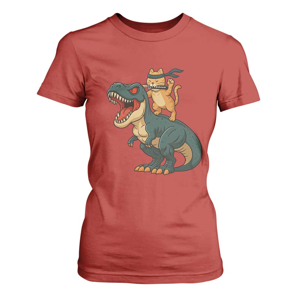 Ninja Cat Riding Dinosaur T Shirt For Women TS14 Red Print Your Wear