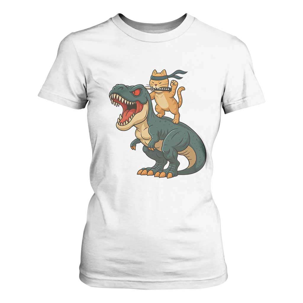 Ninja Cat Riding Dinosaur T Shirt For Women TS14 White Print Your Wear