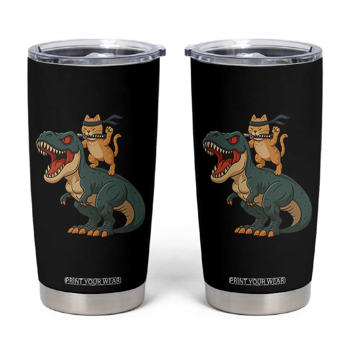 Ninja Cat Riding Dinosaur Tumbler Cup TS14 Black Print Your Wear