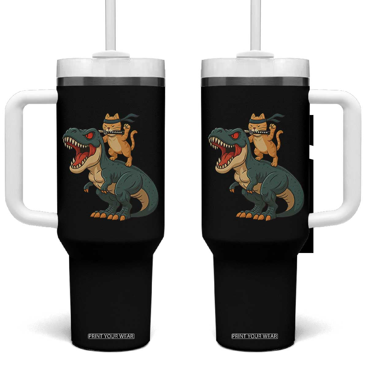Ninja Cat Riding Dinosaur Tumbler With Handle TS14 One Size: 40 oz Black Print Your Wear