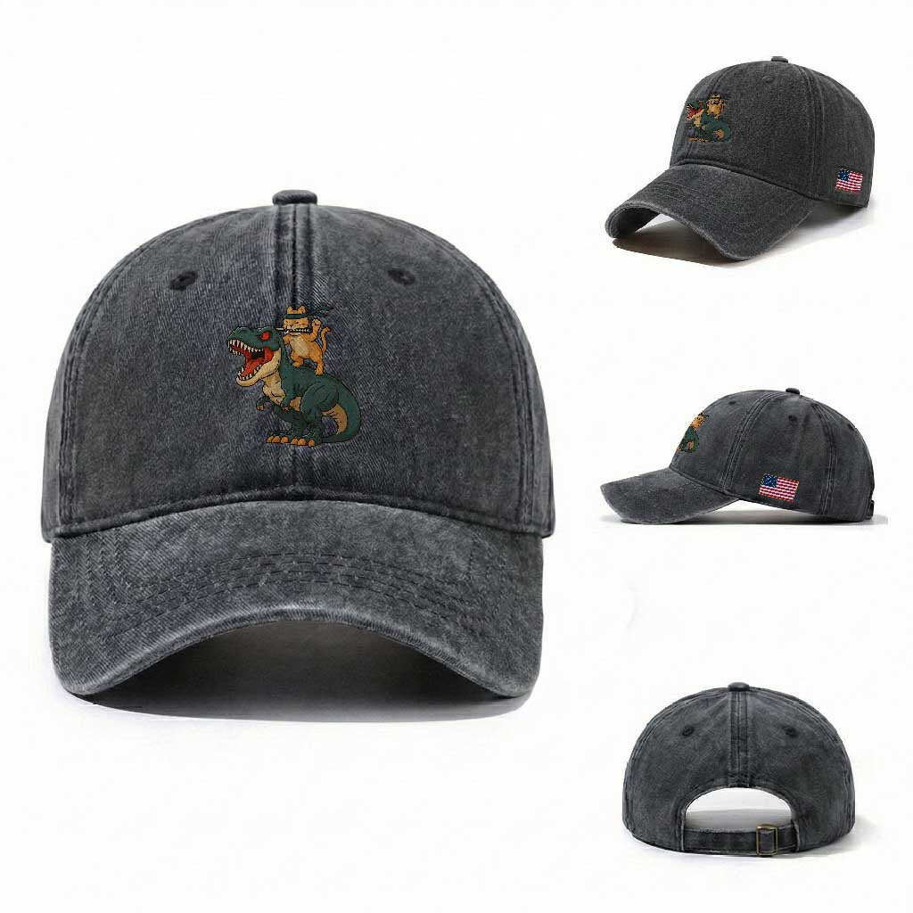 Ninja Cat Riding Dinosaur Washed Cotton Baseball Cap TS14 Washed Cap Universal Fit Dark Gray Print Your Wear