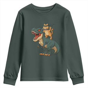 Ninja Cat Riding Dinosaur Youth Sweatshirt TS14 Dark Forest Green Print Your Wear