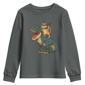 Ninja Cat Riding Dinosaur Youth Sweatshirt TS14 Dark Heather Print Your Wear
