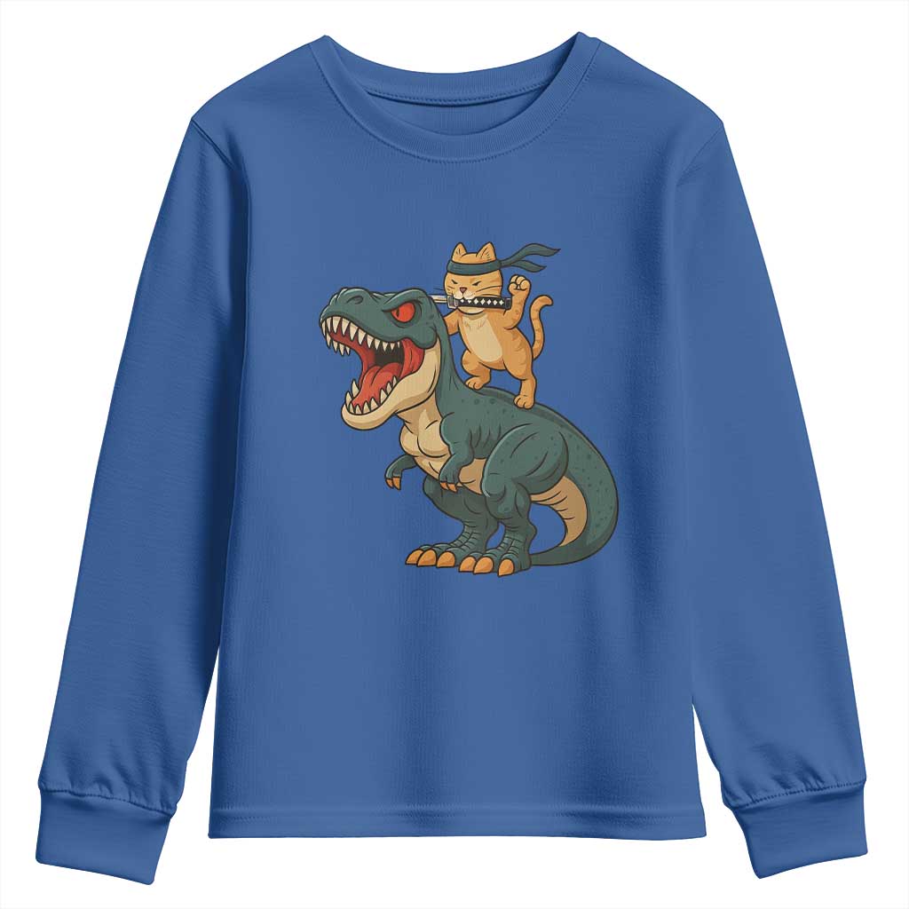 Ninja Cat Riding Dinosaur Youth Sweatshirt TS14 Royal Blue Print Your Wear