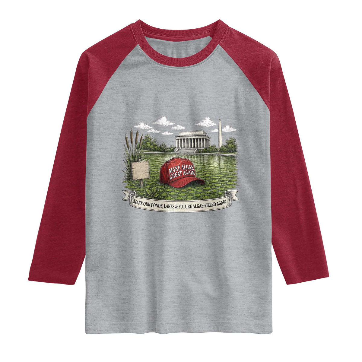 Make Algae Great Again Raglan Shirt Funny Political Satire Humor TS14 Heather Gray Heather Red Print Your Wear
