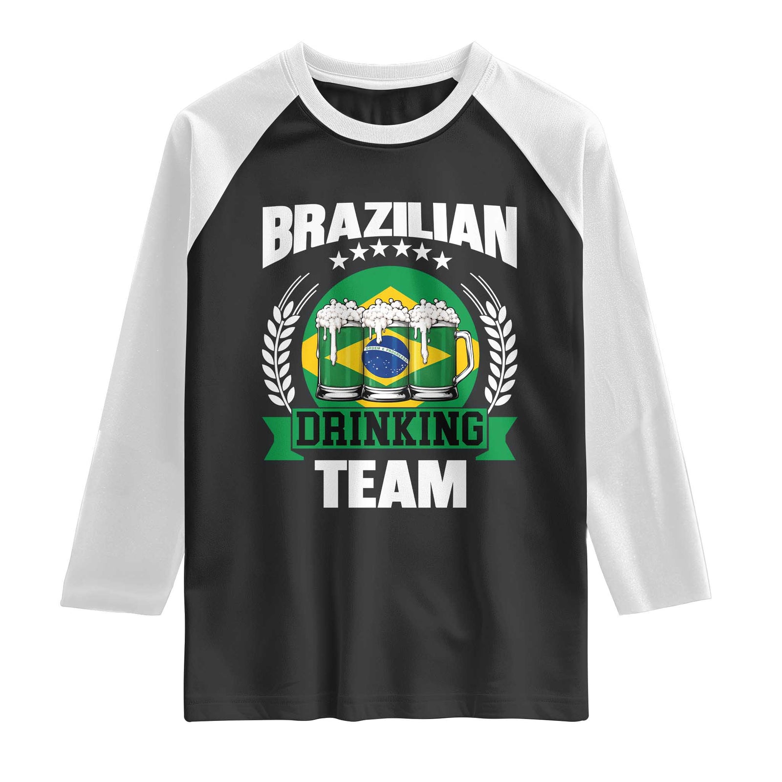 Brazil Drinking Team Raglan Shirt Funny Brazilian Flag Beer Party Gift TS14 Black White Print Your Wear