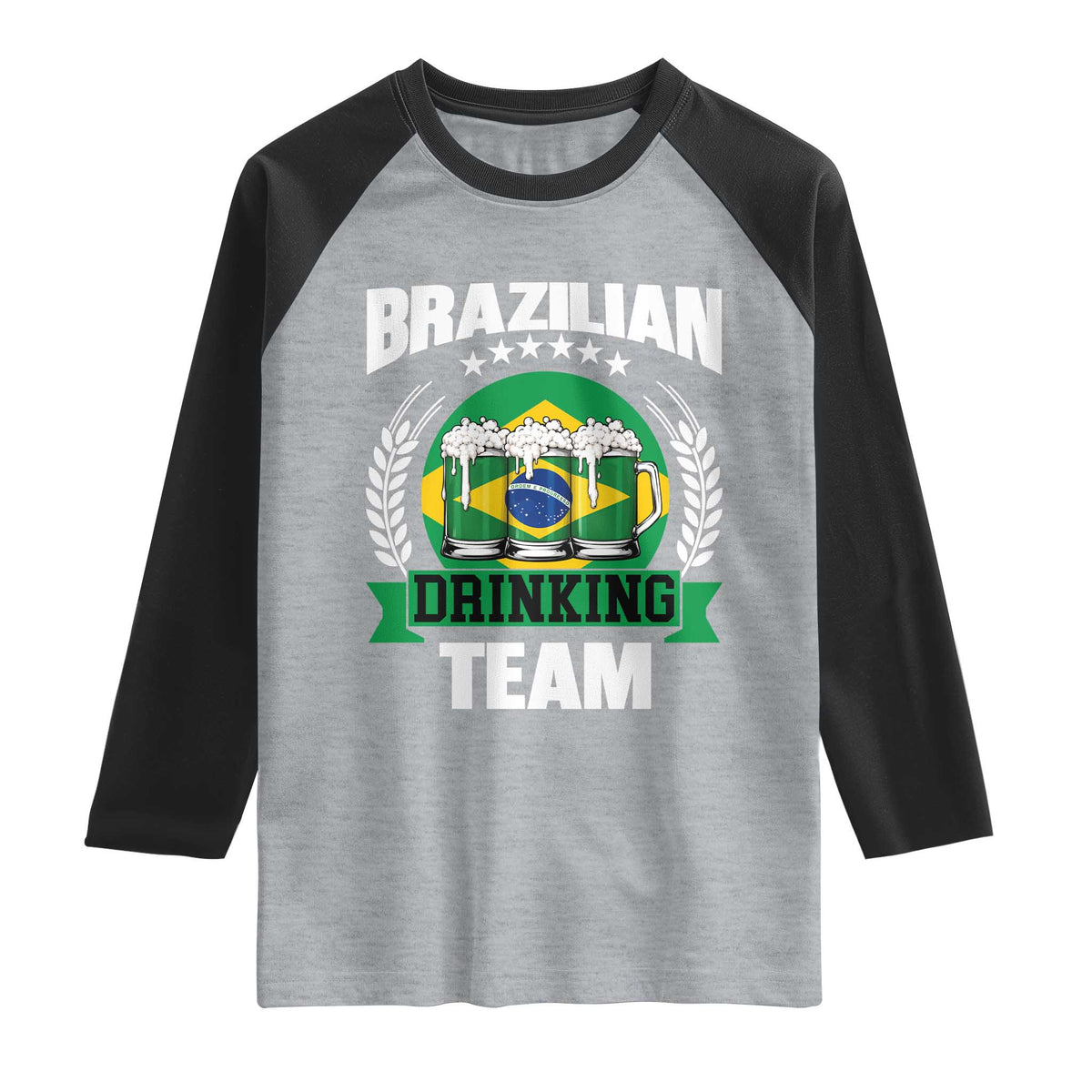 Brazil Drinking Team Raglan Shirt Funny Brazilian Flag Beer Party Gift TS14 Heather Gray Black Print Your Wear