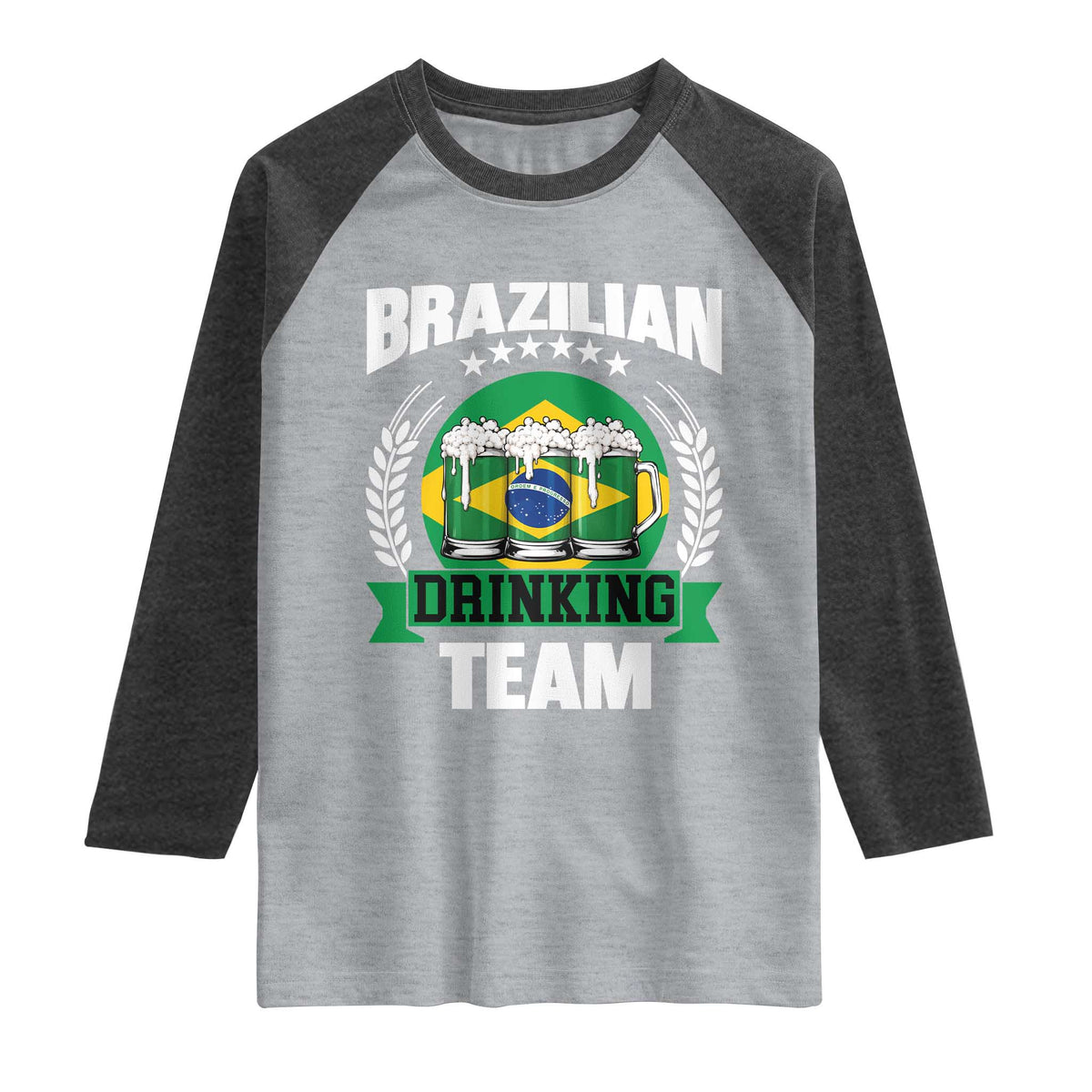 Brazil Drinking Team Raglan Shirt Funny Brazilian Flag Beer Party Gift TS14 Heather Gray Heather Charcoal Print Your Wear