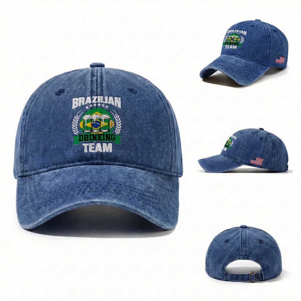 Brazil Drinking Team Washed Cotton Baseball Cap Funny Brazilian Flag Beer Party Gift TS14 Washed Cap Universal Fit Royal Blue Print Your Wear
