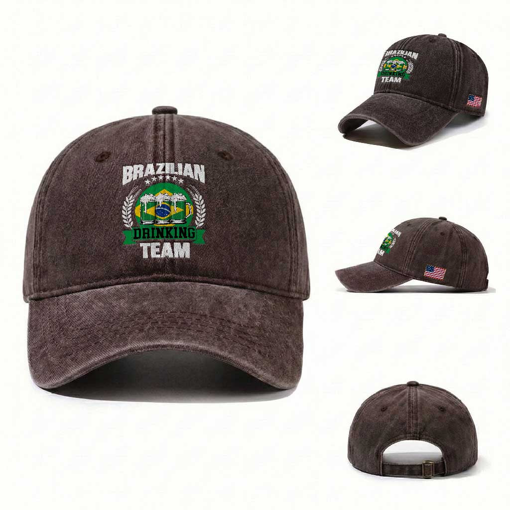 Brazil Drinking Team Washed Cotton Baseball Cap Funny Brazilian Flag Beer Party Gift TS14 Washed Cap Universal Fit Dark Brown Print Your Wear