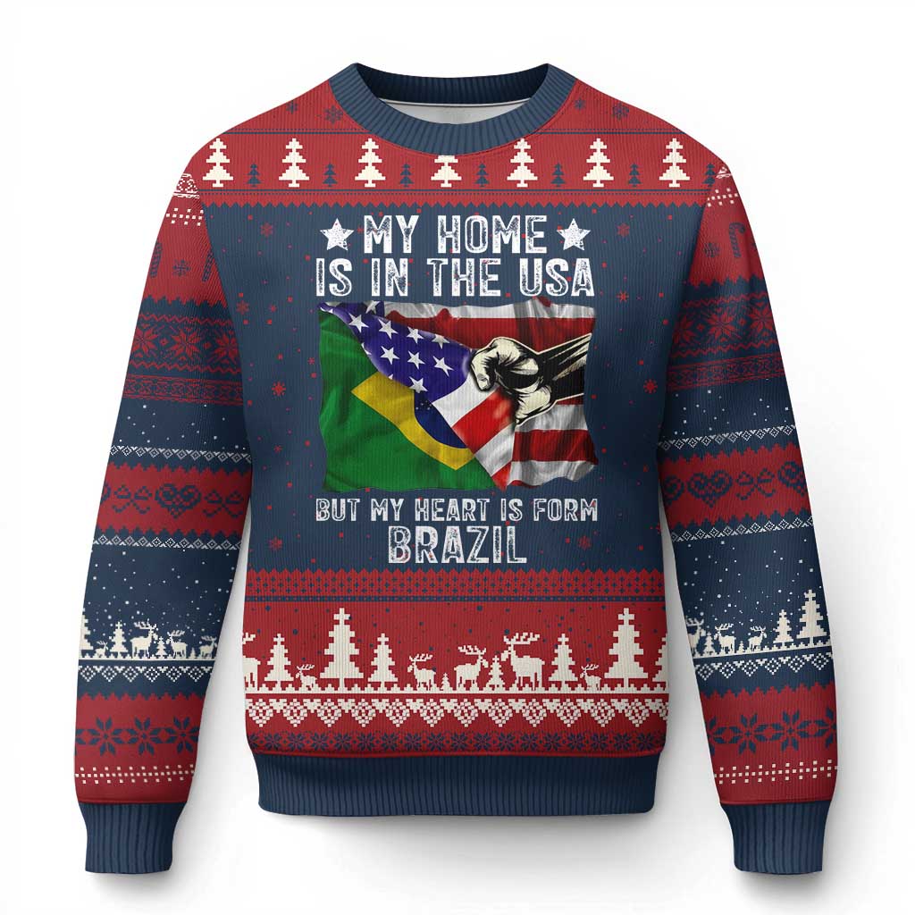 Brazilian American Patriot Heart Is From Brazil Flag Ugly Christmas Sweater TS14 Navy Red Print Your Wear