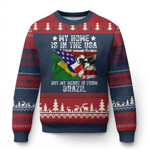 Brazilian American Patriot Heart Is From Brazil Flag Ugly Christmas Sweater TS14 Navy Red Print Your Wear
