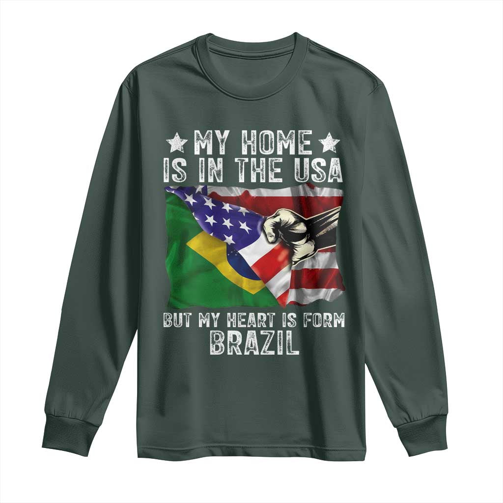 Brazilian American Patriot Heart Is From Brazil Flag Long Sleeve Shirt TS14 S Dark Forest Green Print Your Wear