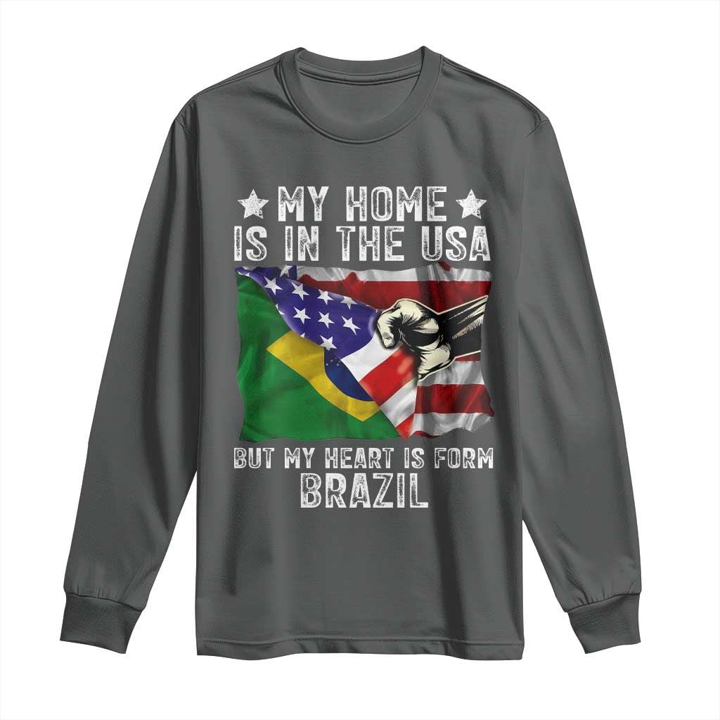 Brazilian American Patriot Heart Is From Brazil Flag Long Sleeve Shirt TS14 Dark Heather Print Your Wear