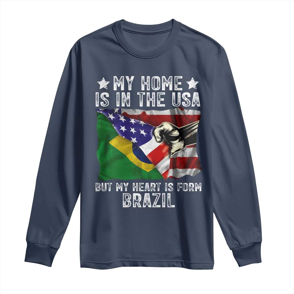 Brazilian American Patriot Heart Is From Brazil Flag Long Sleeve Shirt TS14 Navy Print Your Wear