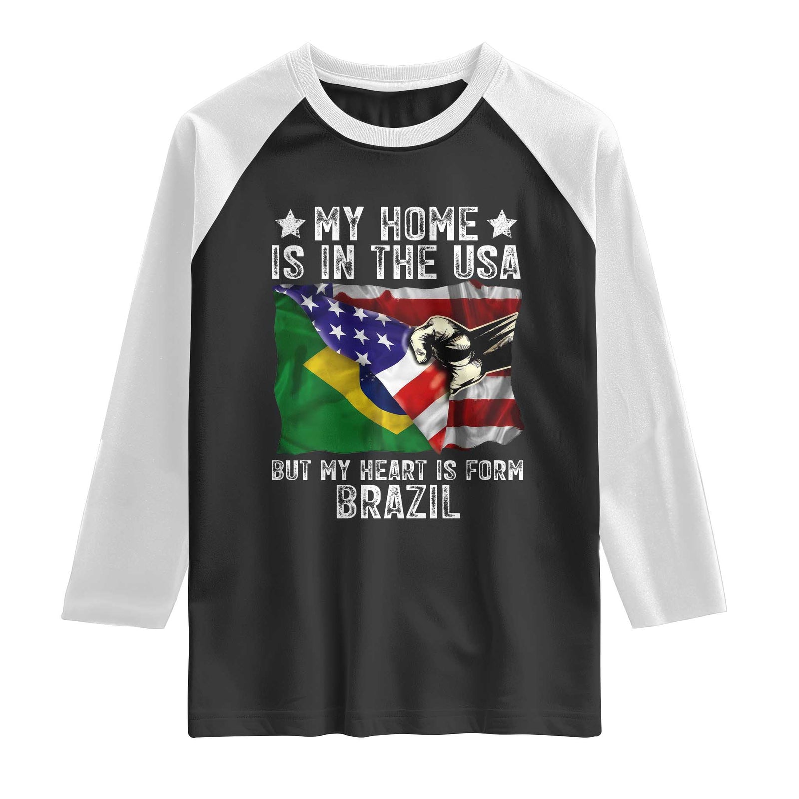 Brazilian American Patriot Heart Is From Brazil Flag Raglan Shirt TS14 Black White Print Your Wear