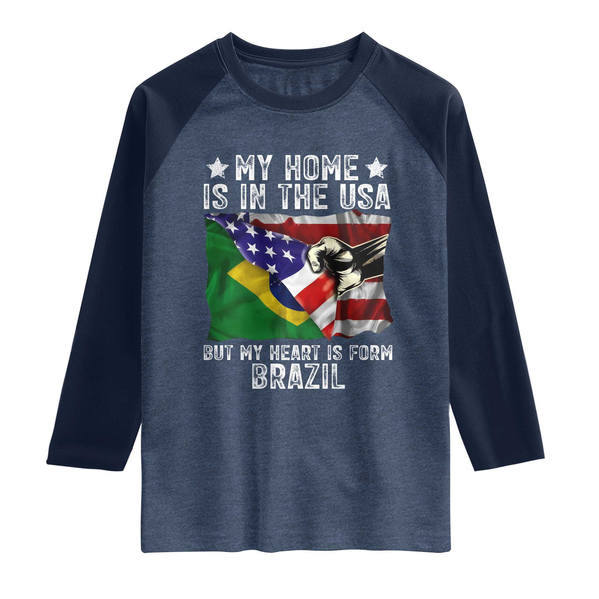 Brazilian American Patriot Heart Is From Brazil Flag Raglan Shirt TS14 Heather Denim Navy Print Your Wear